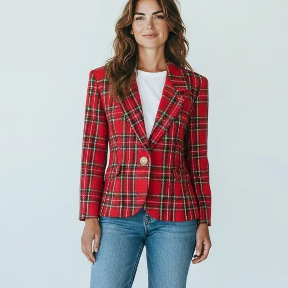 TR Bentley Womens Red Plaid Vintage Tweed Blazer‎ Jacket 12